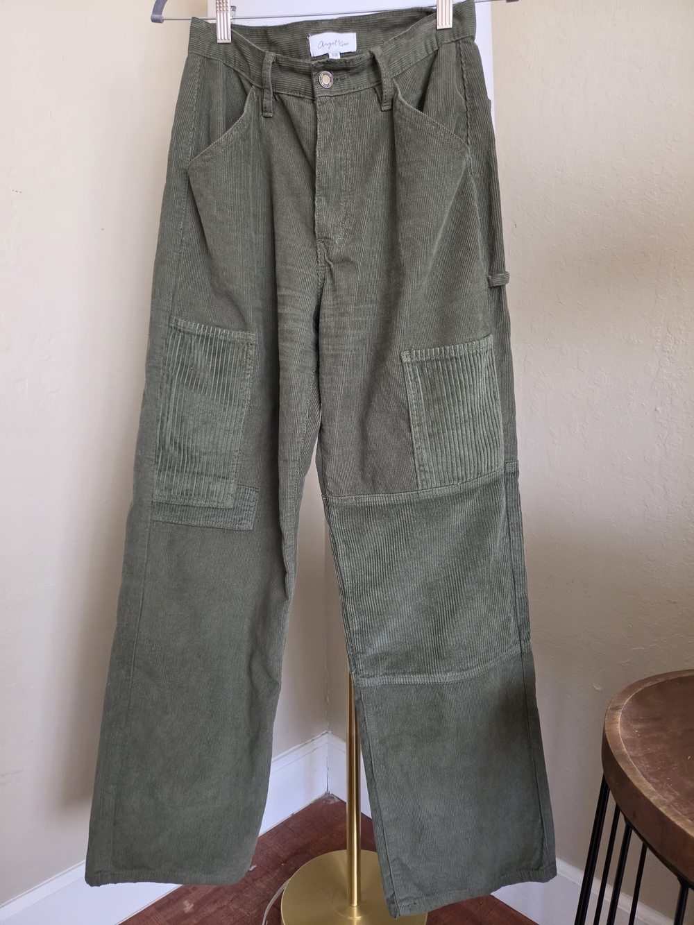 Angel Kiss Olive Green Wide-Leg Corduroy Utility Pants 100% Cotton